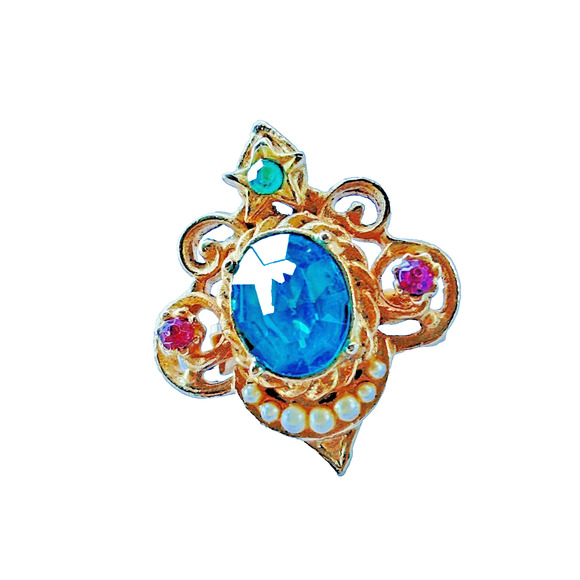 Coro signed vintage aqua blue rhinestone & faux pearl brooch pin goldtone 1" - Picture 2 of 13